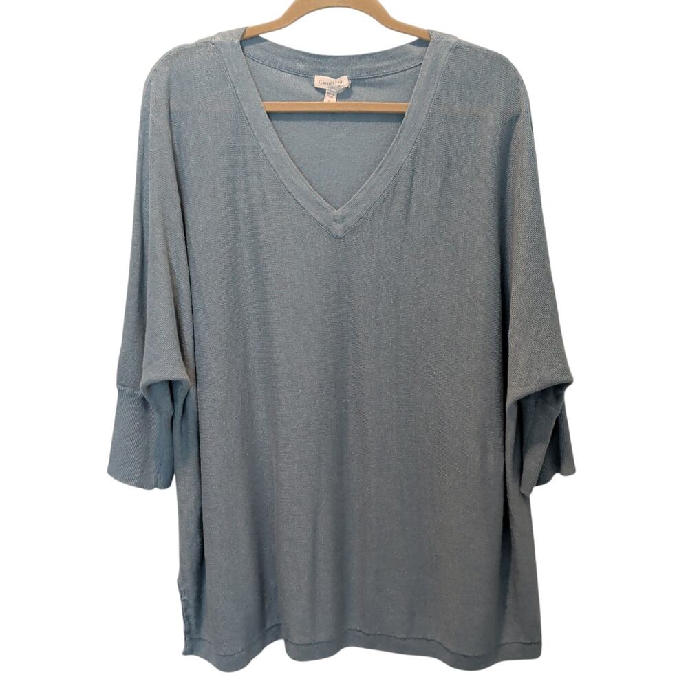 Garnet Hill Women's Sz XL Blue 100% Linen Short Dolman Sleeve Sweater V Neck